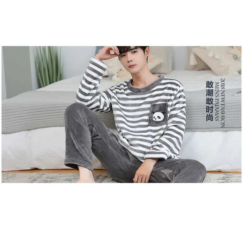 Men Fashion Autumn Winter Coral Fleece Pajamas Striped Sleepwear Set Warm Thicken Homewear Suit pyjamas men