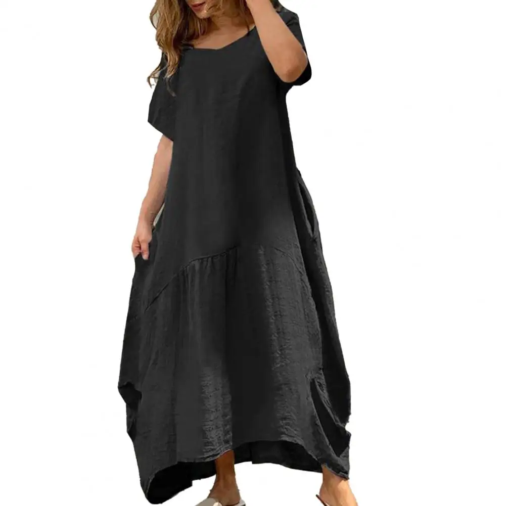 

Loose Women Dress Casual Female Vestidos Solid Color Loose Type O Neck Bie Hem Short Sleeves Summer Dress Ladies Clothes Robes