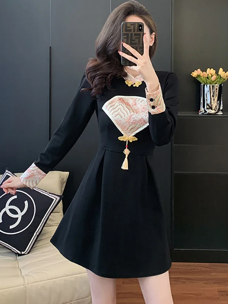 Женское винтажное платье в Корейском стиле Осеннее черное лоскутное короткое с