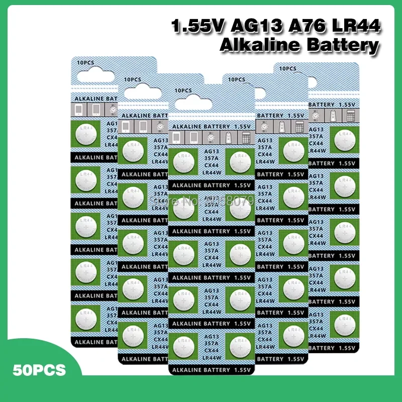 

50 шт., щелочные батарейки AG13 LR44, 1,55 в, AG 13 LR44W LR1154 SR44 A76 357A 303 357, батарейки для часов, игрушек