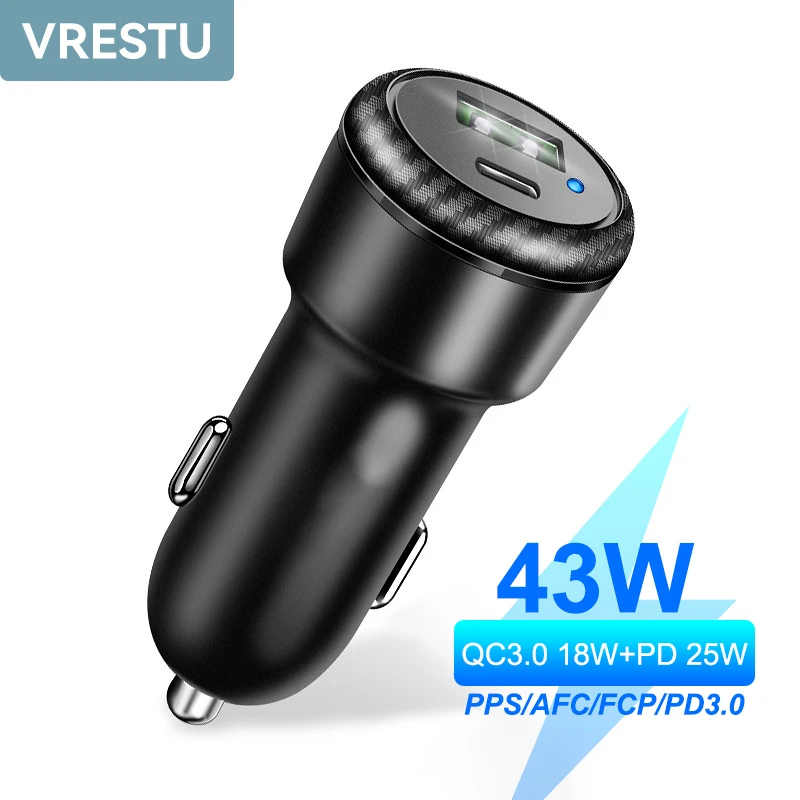 

43W USB Car Charger for Samsung S22 Xiaomi QC3.0 Type C PD PPS Charging for iPhone 14 13 11 X XS 8 PD 25W Charger Power Adapter