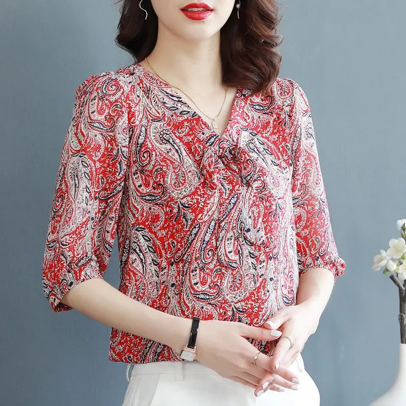 

Floral Print Chiffon Women Short Sleeve Blouse Fashion Bow Tie Collar Tops Red Green Office Ladies Summer Blouses Blusas Mujer