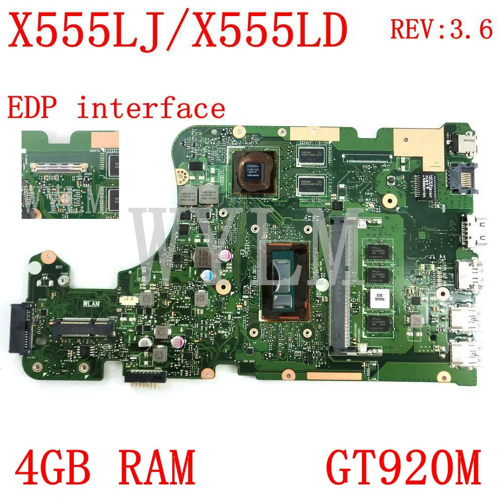 

Материнская плата с интерфейсом X555LJ EDP, 4 Гб ОЗУ, ЦП I3-4005, GT920M REV3.6 для ноутбука ASUS X555LJ X555LD X555L K555L F555L, материнская плата