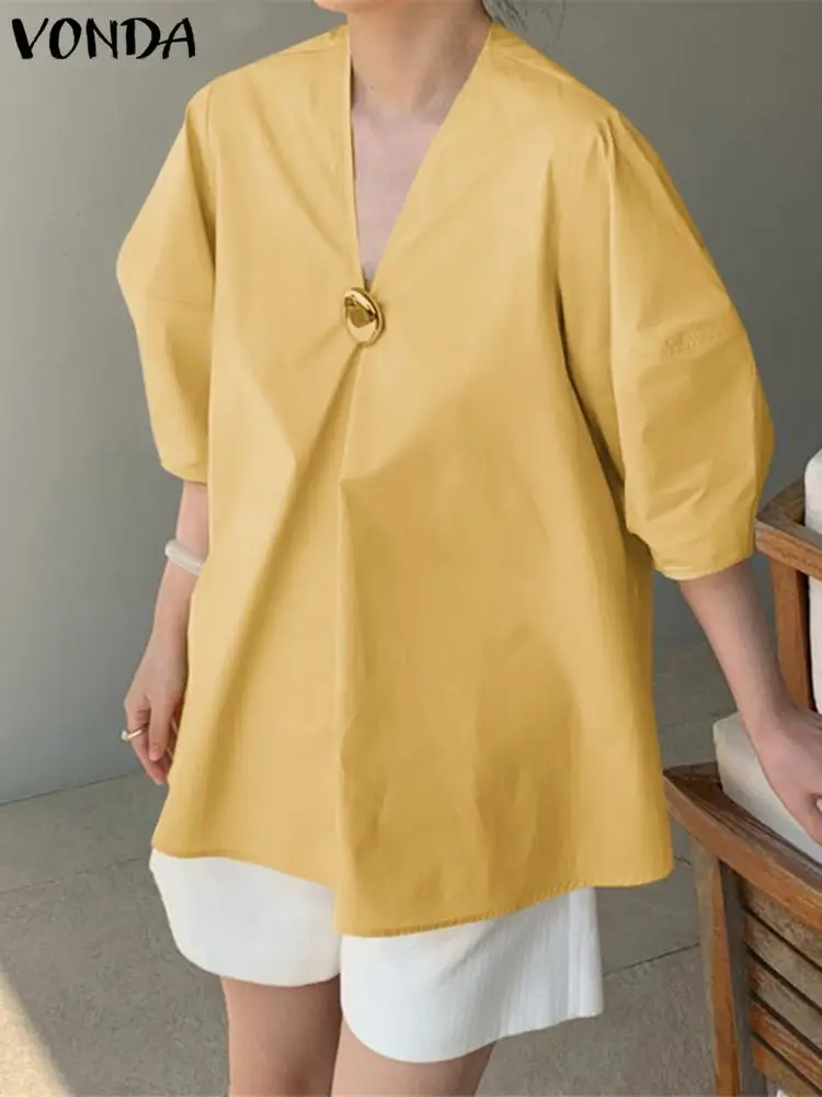 

Office Lady Shirts 2022 VONDA Women Blouse Female 3/4 Sleeve V Neck Pleated Tops Casual Baggy Blouse Loose Blusas Femininas
