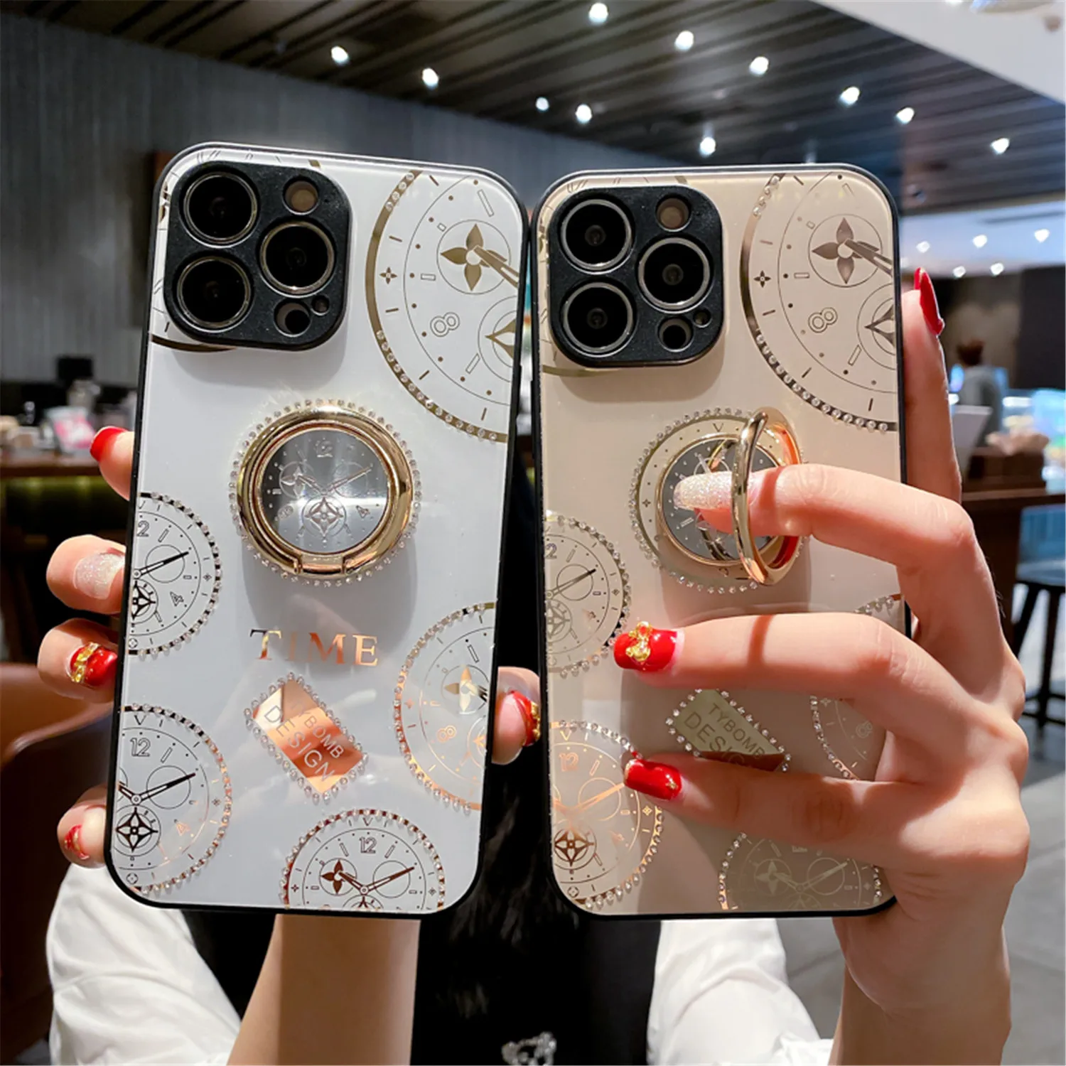 

Luxury Flash Drill Phone Case For iPhone 6S 7 8 Plus 13 Pro Max 12 Mini 11 Pro X XS Max XR Electroplate Time Ring Bracket Cover