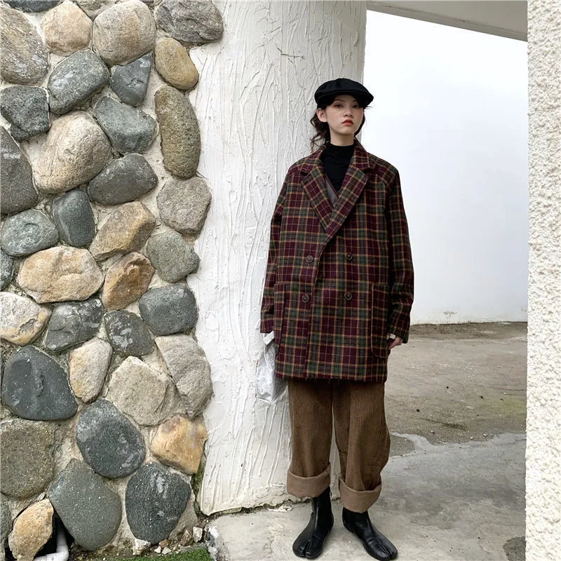 2021 Autumn and Winter Korean Retro Plaid Thick Woolen Suit Jacket Women's Mid-length Casual Loose Long-sleeved Women's Clothing