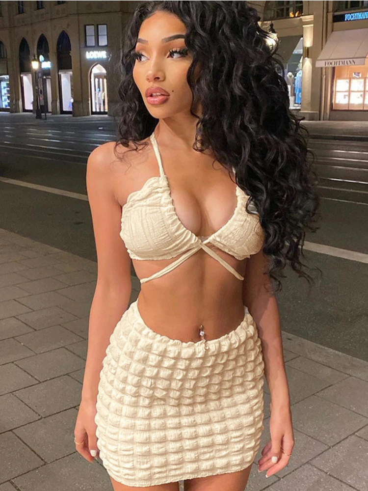 

Skirt Sets Women Lace Up Halter Crop Top and Mini Skirts Solid Color Summer Matching Sets Woman 2 Pieces Summer Holiday Outfits