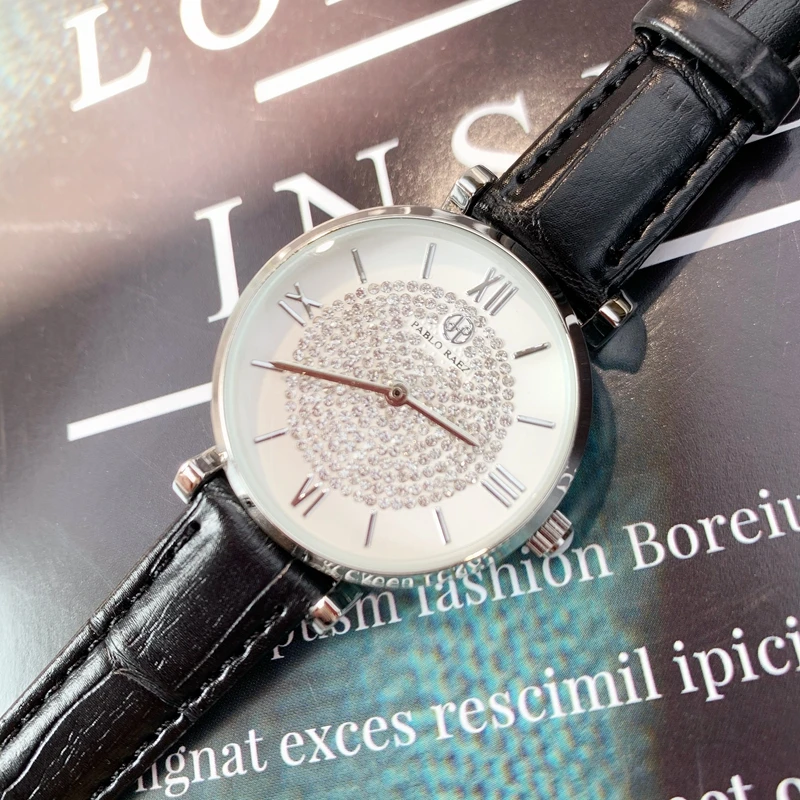 

PABLO RAEZ Brand New Fashion Full Diamond Popular Casual Model Luxury Lady Watch Top Woman Dress Quartz Wristwatch Leather Clock