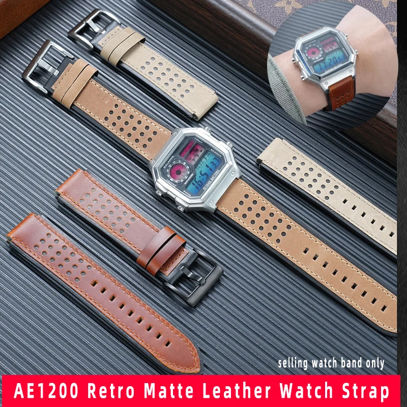 Фото Ремешок для часов AE1200 из натуральной кожи для Casio AE-1200WH AE-1300, мужской ремешок из воловьей кожи, выпуклый, 18 мм, мягкий браслет №1