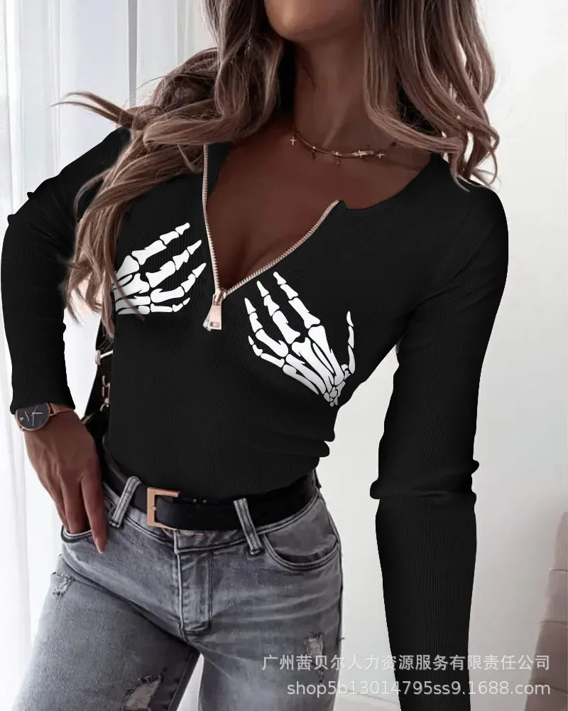 

Womens TShirts 2023 Halloween Printed Pit Stripe Long Sleeved Top for Women