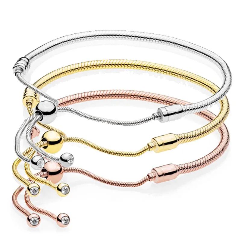 

Rose Gold Moments Sliding Clasp Adjust Snake Chain 925 Sterling Silver Bracelet Bangle Fit pandora Bead Charm DIY Jewelry