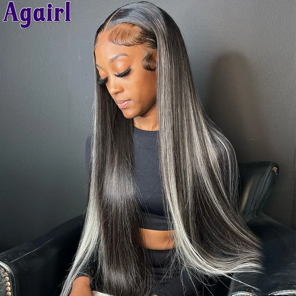 Straight Colored Lace Front Wig Silver Grey And Black Highlight 5X5 Lace Closure Wig 13X6 Human Hair Lace Frontal Wigs for Women
