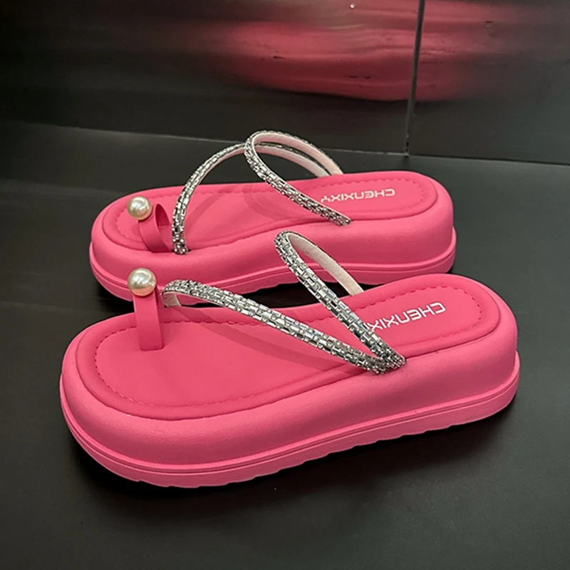 2023 Summer Women Flip Flop Shoes Fashion Crystal High Platform Flats Ladies Slippers Casual Beach Slides Female Outdoor Sandals