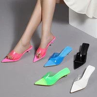 low heel transparent pvc jelly shoes women slippers summer pointed peep toe slides fluorescent color fashion outdoor flip flops