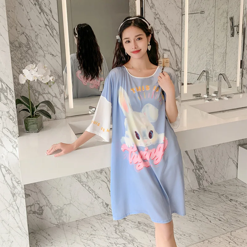 Summer 2023 new satin nightdress women's short sleeve silk pajama high-end sense literary loungewear cartoon pullover