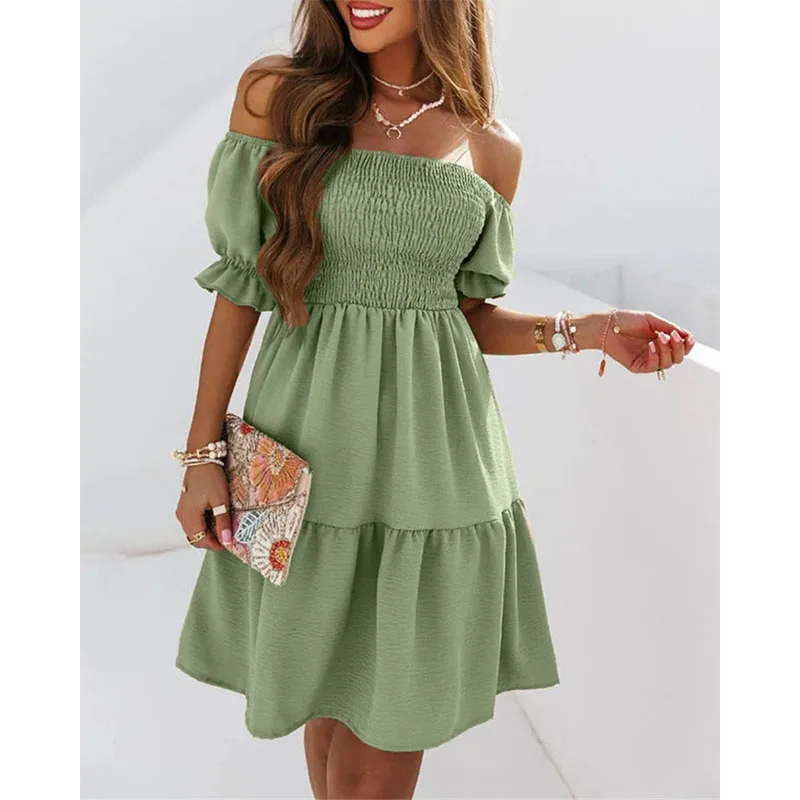 

Summer Women Fashion Sweet Frill Hem Ruffles Short Sleeve A Line Going Out Mini Dress Off Shoulder Shirred Flowy Swing Dress