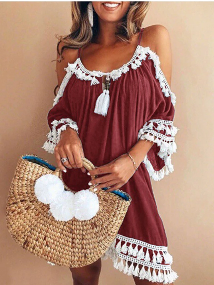 

Summer Beach Dress Woman Fashion Casual Black Mini Dress Off Shoulder Elegant Loose Tassel Female Party Dresses For Women Robe