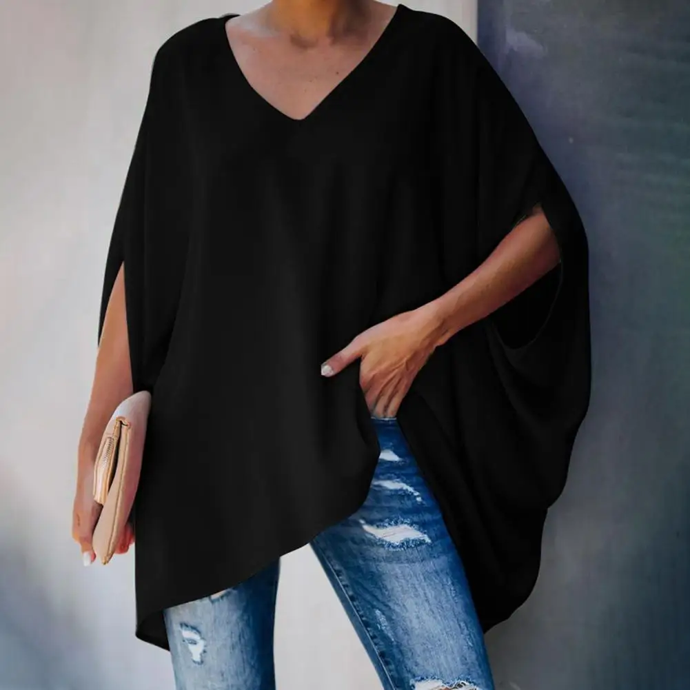 

Loose Blouse Fashion Autumn Batwing Sleeve Blouse Skin-friendly Casual Top V-Neck Half Sleeve Pullover Top for Home