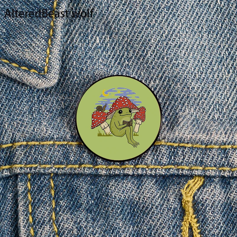 

Cute Frog Mushroom Hat Reading Book Pin Custom Funny Brooches Shirt Lapel Bag Badge Cartoon enamel pins for Lover Girl Friends