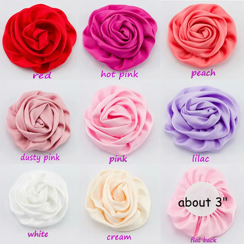 

50pcs/lot 3" 8Colors Handmade Rolled Rosette Flowers For Girl Hair Accessories Artificial Satin Ribbon Flowers For Baby Headband
