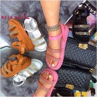 fashion metal chain thick soled roman shoes women shoe casual elastic leather round head buckle casual outer wear chain sandals