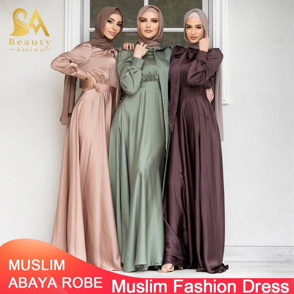 Muslim Fashion Dress Muslim Fashion Swing Satin Dress Dubai Travel Party Dresses Turkey Morocco Dress Ramadan Robe Turban Set