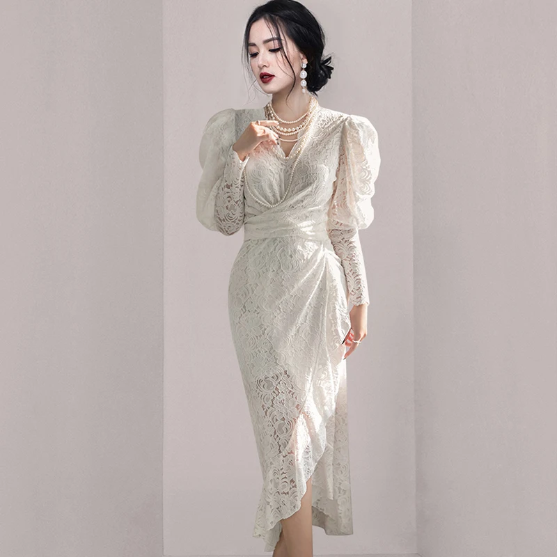 

Облегающее женское платье с запахом на бедрах, пикантное вечернее кружевное платье в Корейском стиле, Новинка лета 2022, элегантная женская о...