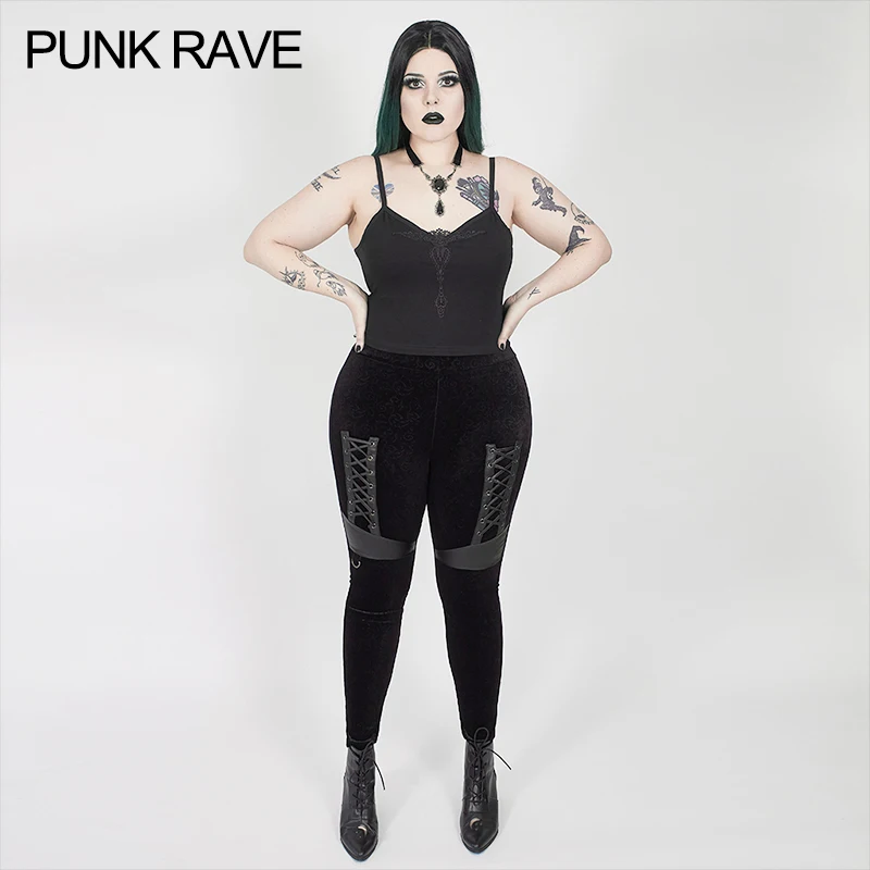 PUNK RAVE Dark silhouette vase velvet women’s Leggings Plus size women clothing with metal button Female’s pants