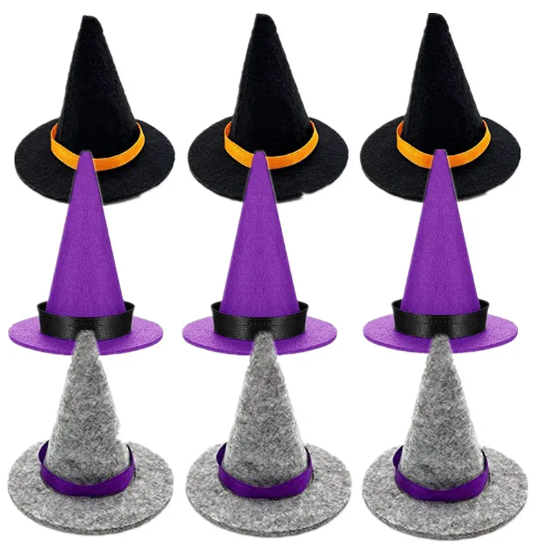 

6pcs Halloween Felt Witch Hats Wine Bottle Decorations DIYCraft for Halloween Party Home Bar Decoration Supplies Black Cap Props