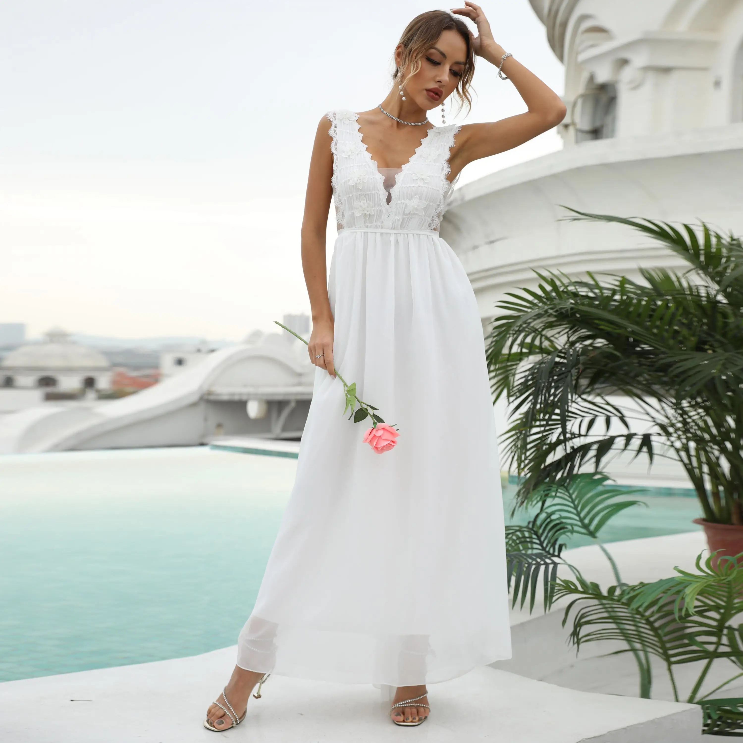 Branco com Decote em v Vestido de Festa de Casamento Nupcial sem Mangas sem Costas Vestidos de Noite Dama de Honra do Baile Nova Moda Moderna Laço Casuais