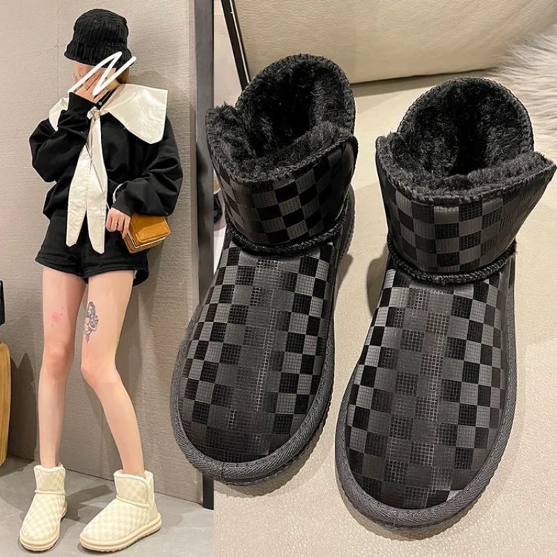 

Женские ботинки на меху, теплые плюшевые ботильоны без застежки, на Плоском Каблуке, зимняя обувь, 2022