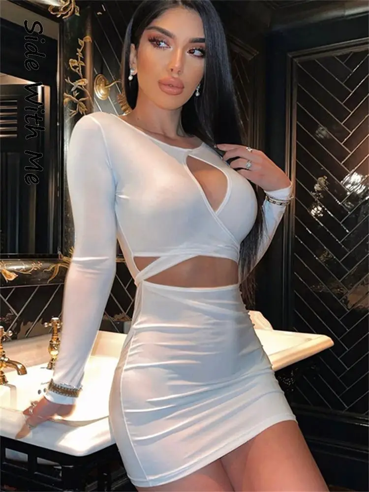 

Side with Me Long Sleeve Bodycon Sexy Women's Mini O Neck Dresses 2022 Summer Bandage Hollow Out Robe Party Elegant Woman Dress