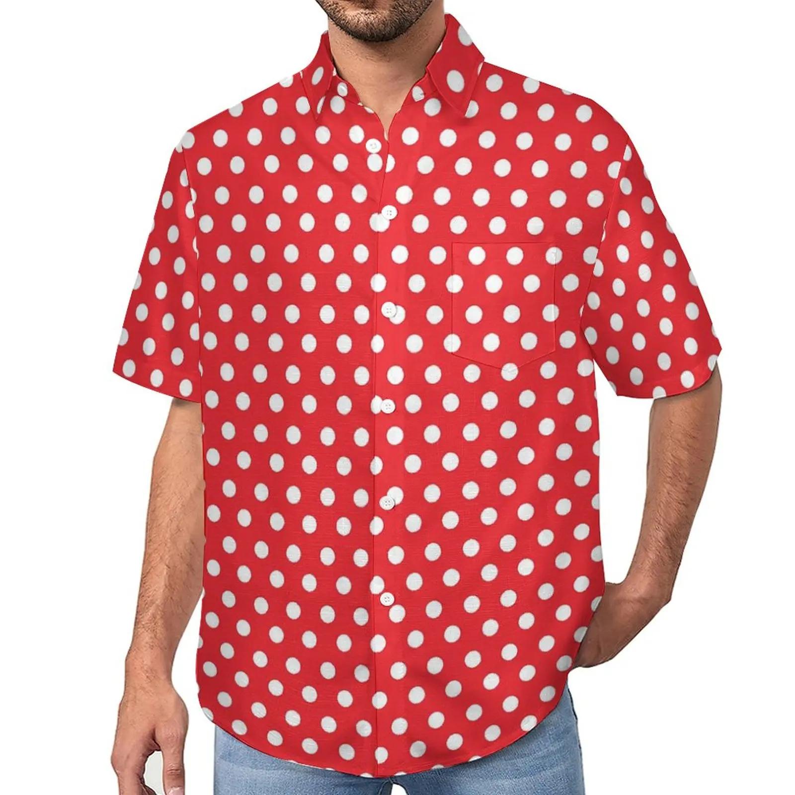 

White Polka Dots Beach Shirt Vintage Print Hawaiian Casual Shirts Men Novelty Blouses Short-Sleeve Custom Clothes Big Size