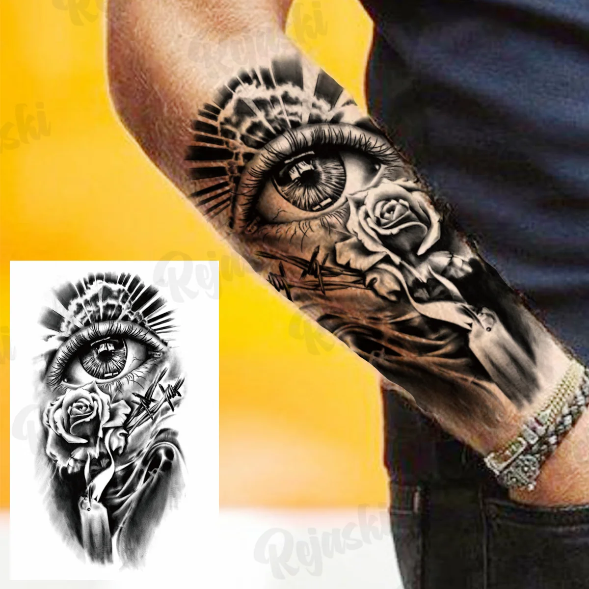 

Временные татуировки для мужчин и женщин, реалистичные татуировки с черными розами, цветами, глазами, Орлом, драконом, черепом, тигром, искус...