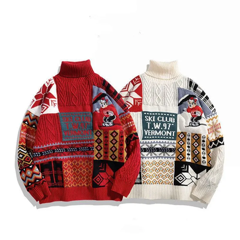 Вязаный свитер в стиле оверсайз с симпатичным медведем Мужской Зимний пуловер