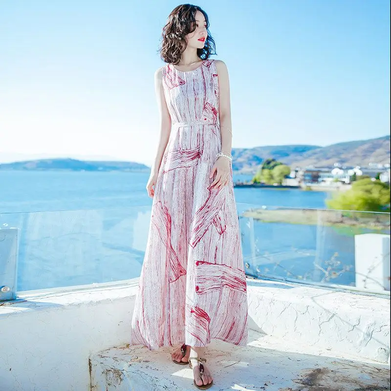 

2023 Cheap Summer Dress Print Sleeveless Women Dresses Holiday Beach Long Female Dress Vestido