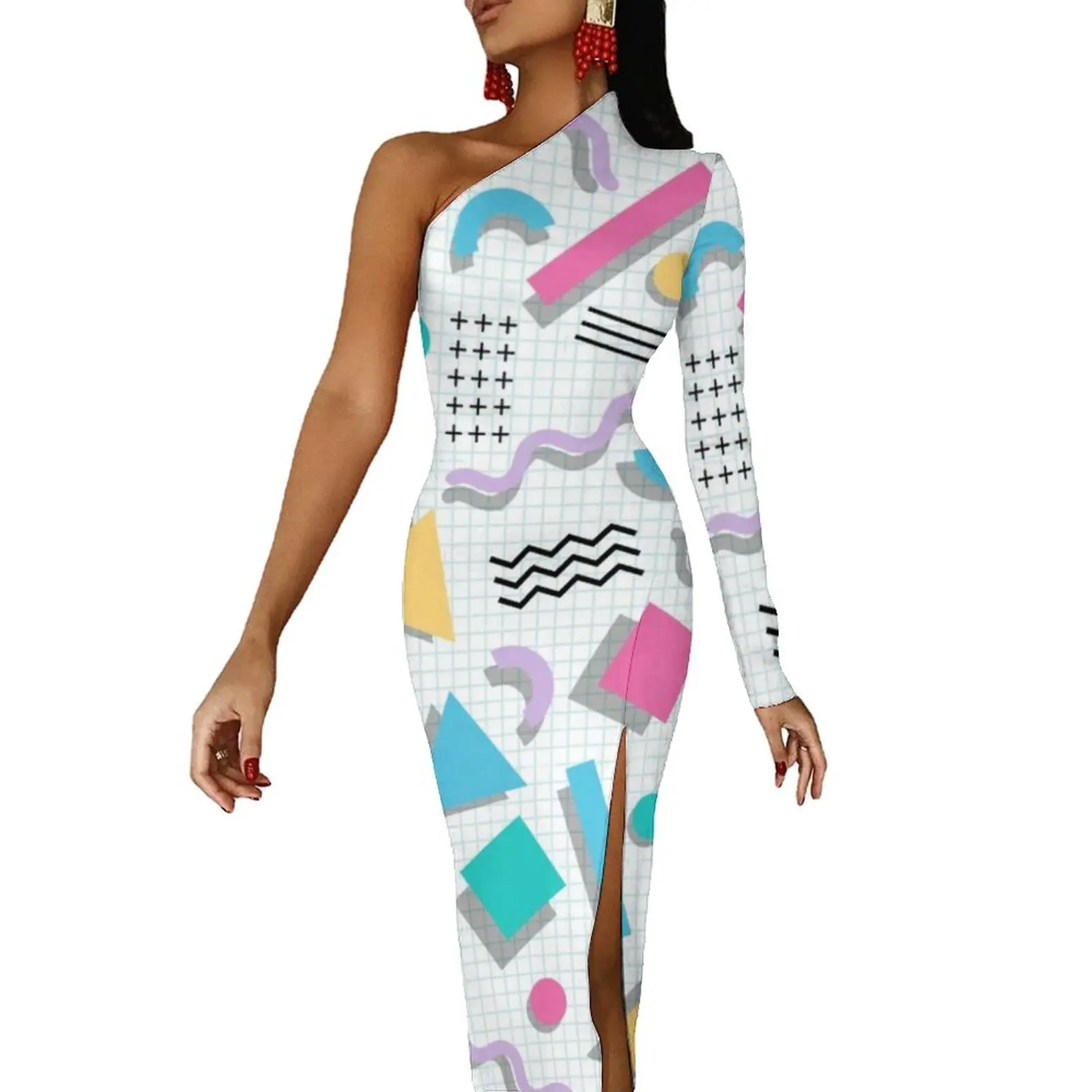 

Memphis Shapes Maxi Dress Long Sleeve Geometric Street Wear Bodycon Dresses Summer High Slit Vintage Dress Women Print Vestido