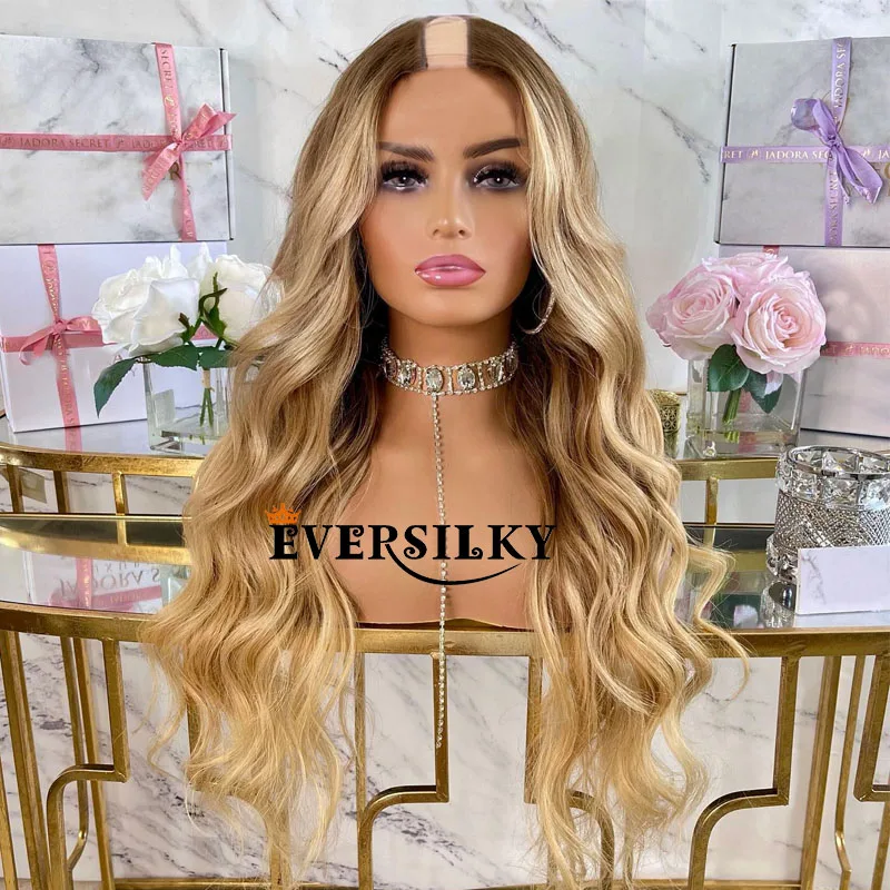 Super Long Ombre Honey Blonde 1x4 Opening U Part Human Hair Wigs for Black Women Glueless Ash Blonde Wavy U Part Wigs 6Clips