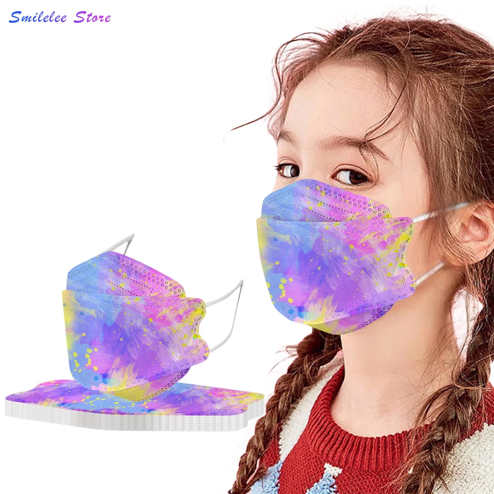 

Маска одноразовая детская с акварельным принтом, 4-слойная безопасная для кожи лица с заушным крючком, для косплея, 50 шт.