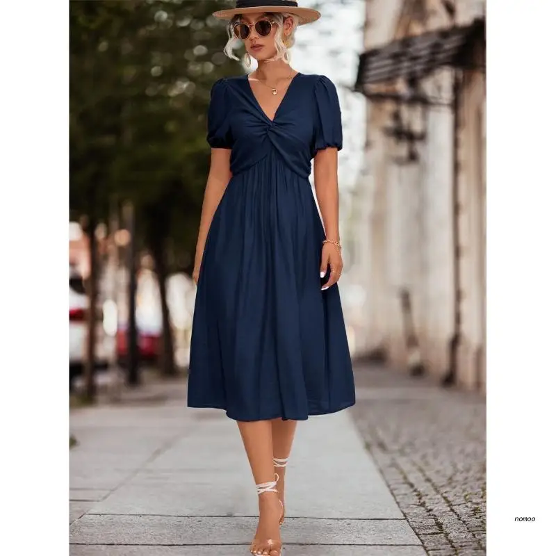 

Womens Casual Short Sleeve Twisted Knots V Neck Flowy Ruffle Midi Dress Swing Casual Flowy Dress