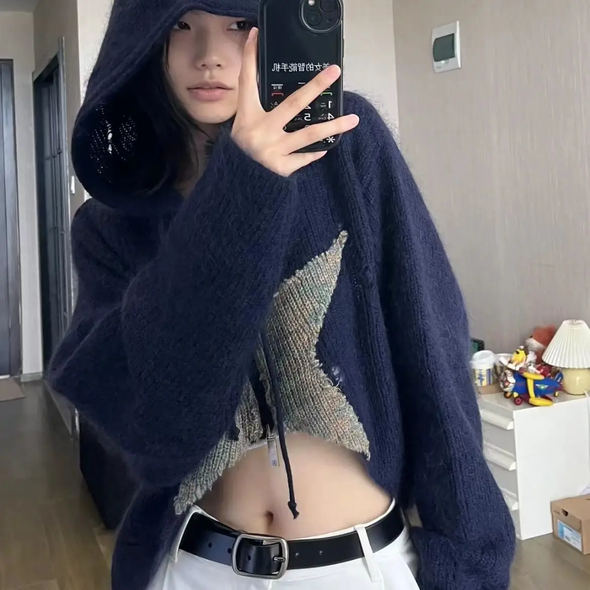 

STSVZORR 2022 осень новый дизайн sense Y2K пятиконечная звезда короткая молния с капюшоном вязаный кардиган свитер куртка