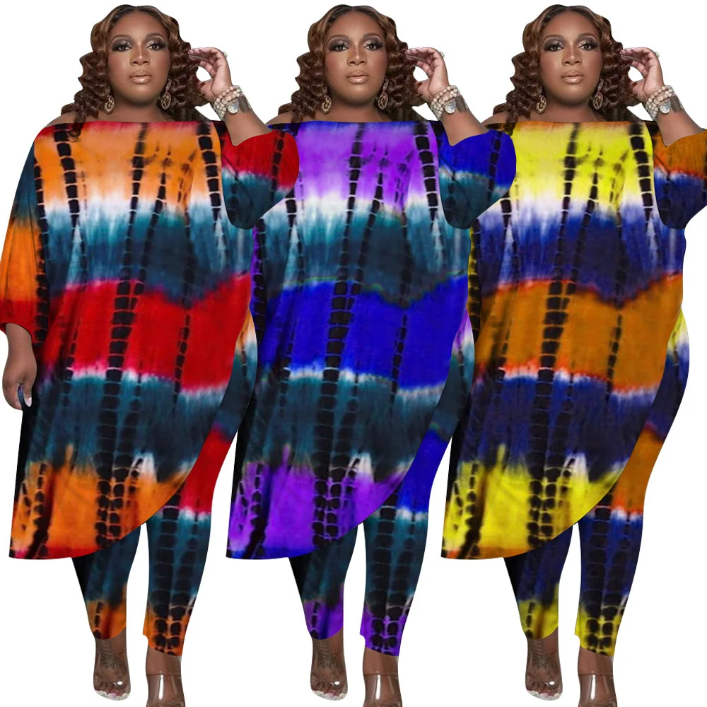 

Plus size Dye Women's Outfit Tie 5xl Printing Loose Fashion Oblique Shoulder Irregular Tops Two Piece Set Wholesale Dropshipping