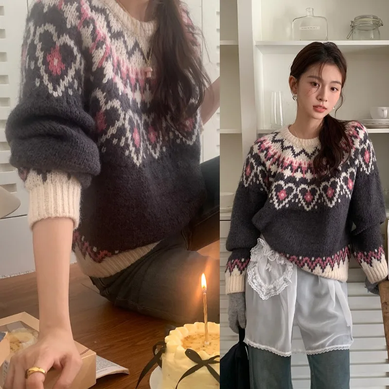 Винтажный жаккардовый свитер Fairland Love с контрастным круглым вырезом мягкий