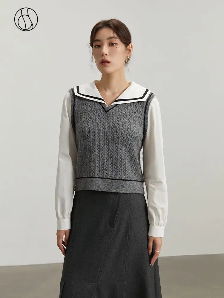 DUSHU College Style Contrast Splice Navy Collar Blouse Women's Winter 2022 New Shirt Full Sleeve Women Pullover Single-piece Set