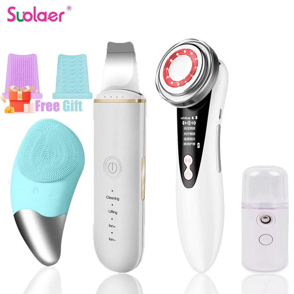 

4 в 1 светодиодный фотон устройство для лифтинга лица Электрический ультразвуковой массажер для лица скруббер для кожи Вибрация шпатель для...