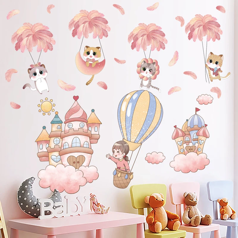 

Cats Animals Feathers Wall Stickers DIY Girl Castles Wall Decals for Kids Room Baby Bedroom Children Nursery Home Decoration
