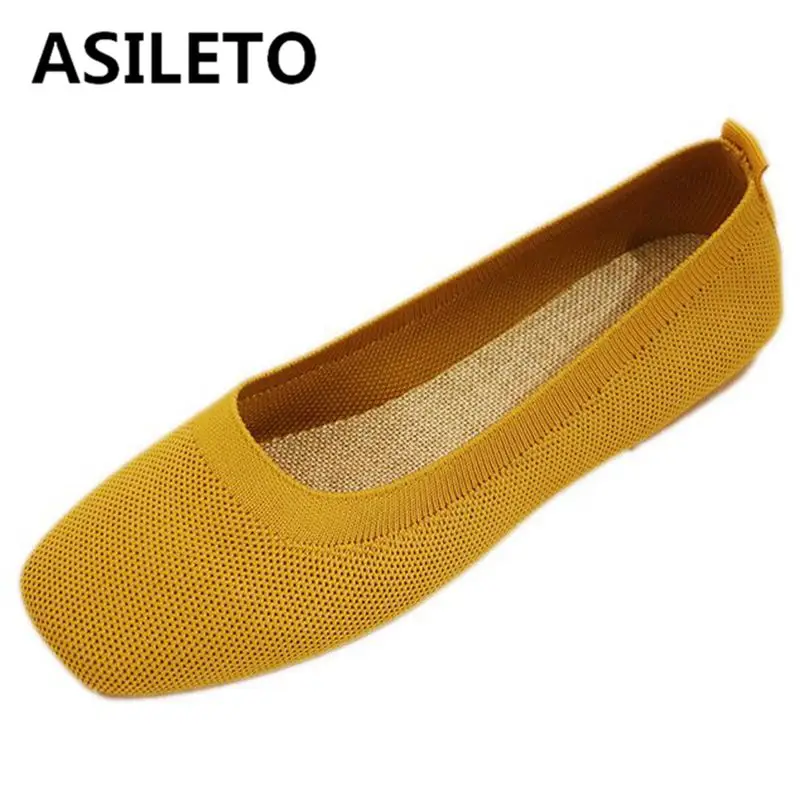 

ASILETO Women Flats Square Toe Breathable Kintting Solid Slip On Casual Outdoor Soft Big Size 35-40 Yellow Concise Spring S3805
