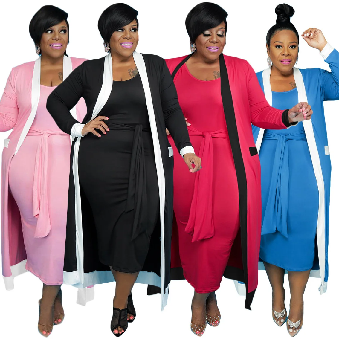 Plus Size Two Piece Sets Women Clothing 2021 Fall Clothes Wholesale Dress with Belt Long Sleeve Coat Matching 3xl 4xl 5xl 6xl