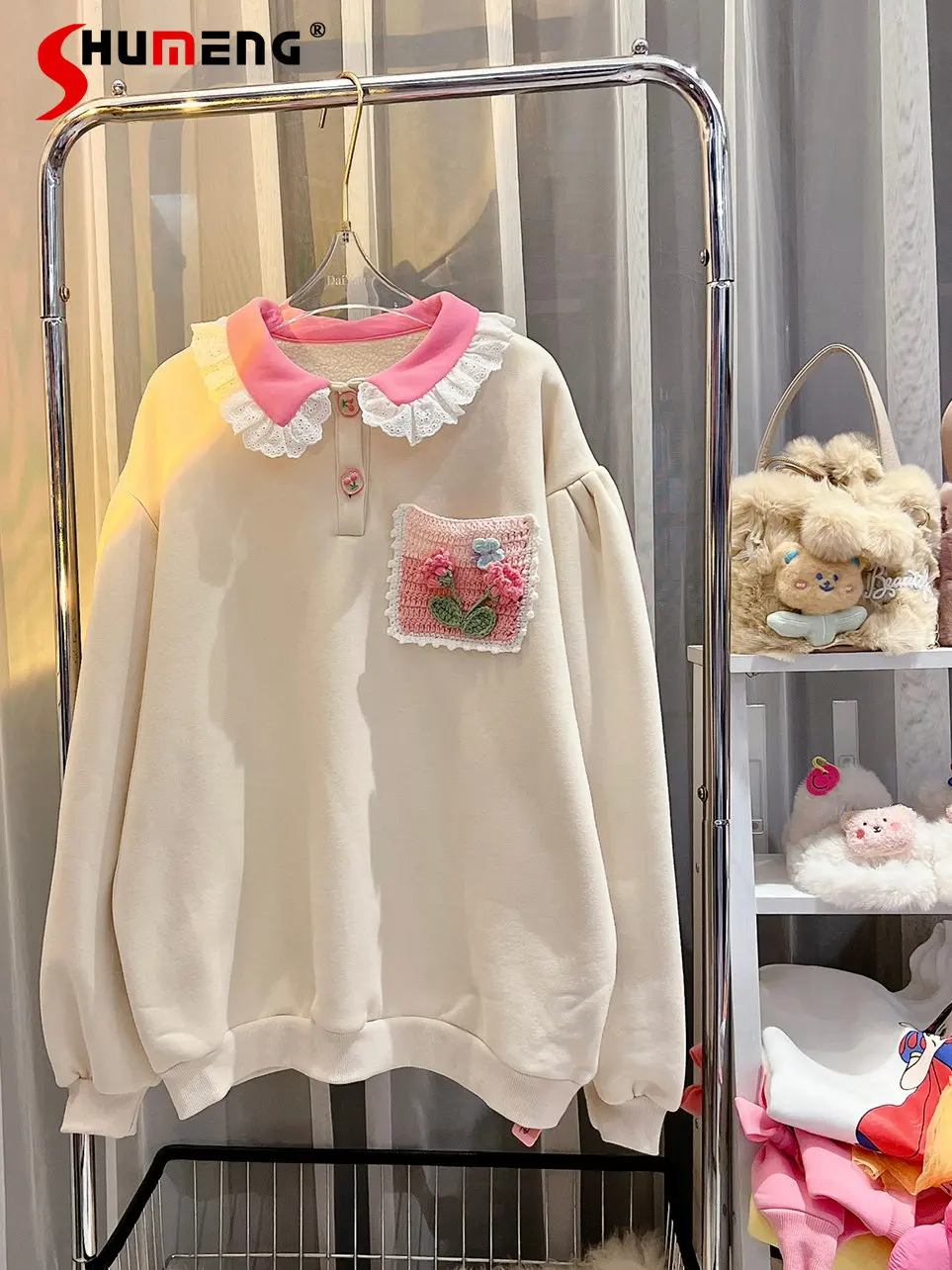 

Autumn Winter New Sweet Crochet Loose Fleece Thermal Hoodie Coat Women Lace Doll Collar Pocket Splicing Pullover Sweatshirt Top