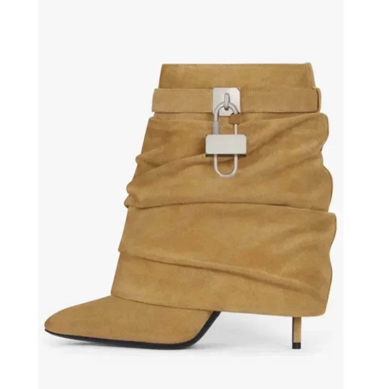 2024 зимние новые модные плиссированные ботильоны с металлическими пуговицами и